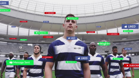 animation of social media notifications over diverse male rugby team at stadium