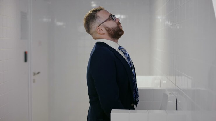 Uomo d'affari che usa l'orinatoio in un bagno