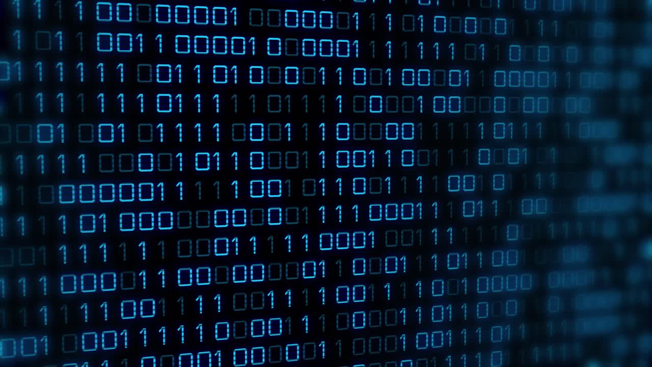 Animation of blue binary code changing on black background
