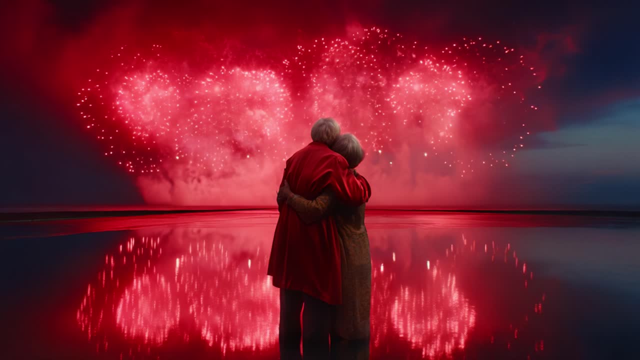 An elderly couple embraces under a stunning display of vibrant red fireworks, reflecting beautifully in the calm waters, capturing a moment of love and celebration against a mesmerizing backdrop