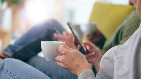 search, phone and coffee with hands of couple