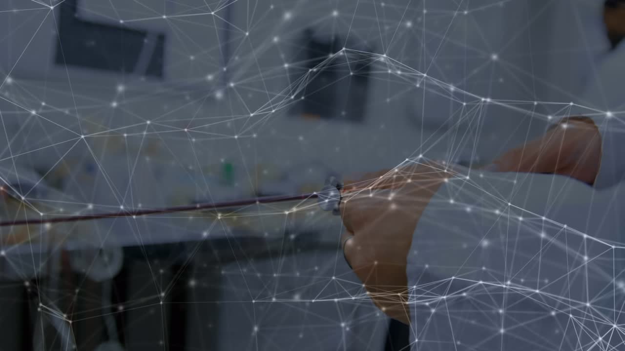 Animation of question mark over network of connections and hand holding tongs