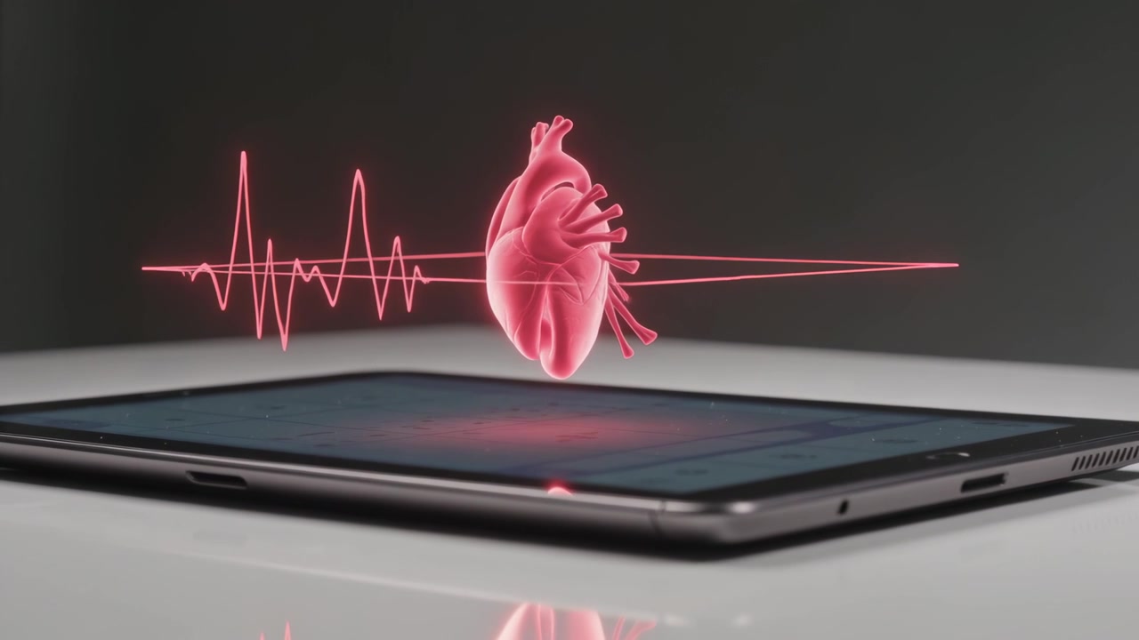 Di tablet ramping yang menyala, menampilkan hati 3D merah muda yang membesar di atas meja mengkilap, pemantauan garis EKG merah.