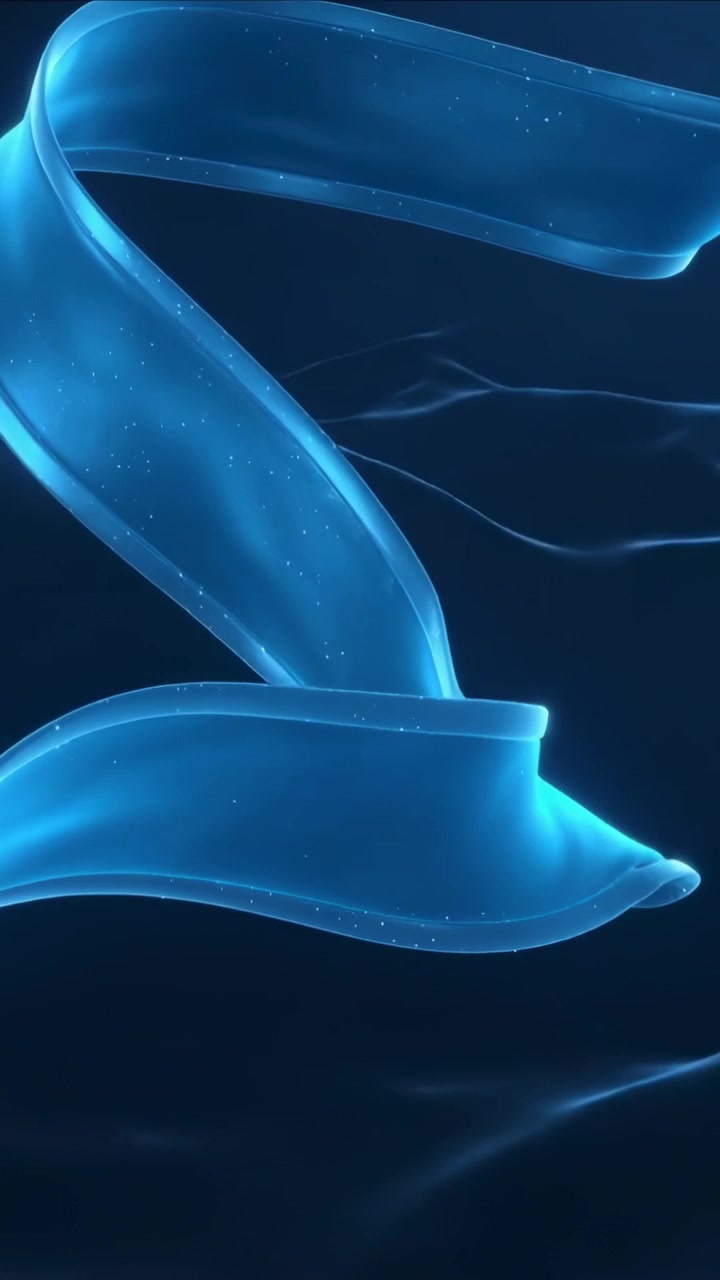Vertical video: Flowing blue ribbon entering deep void, looping over ripples, revealing particles