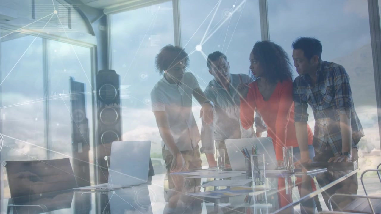 Animation of network of connections over diverse female and male coworkers in office