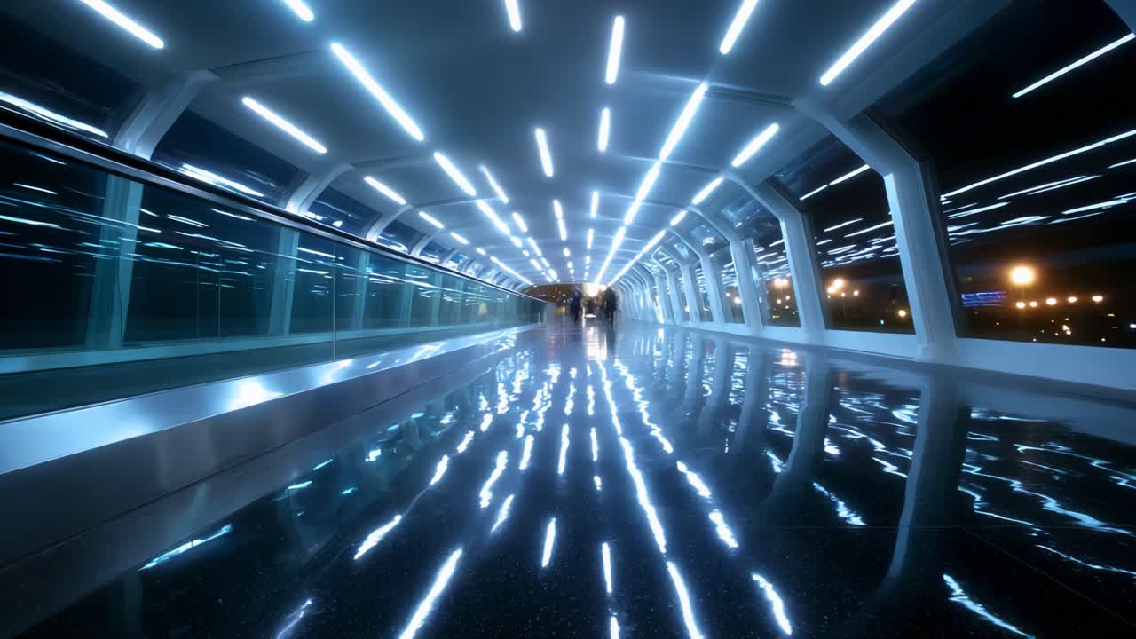 Illuminated Architectural Passageway: An Enchanting View of a Modern Walkway Showcasing Dynamic Lighting Reflections on a Polished Floor, Surrounded by a Futuristic Structure and Night Sky