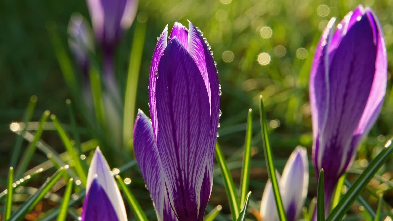 Rekaman video close-up bunga crocus ungu cerah dengan embun, diambil pada sudut rendah