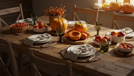 a cozy autumn table setting featuring harvest décor with pumpkins, fresh fruits, and elegant tableware under soft natural light