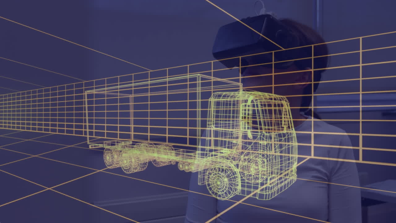 animación de un dibujo de coche en 3d sobre una mujer con auriculares vr