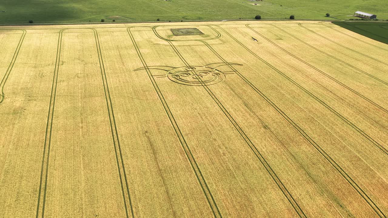 Establishing aerial view towards jester crop circle on golden Wiltshire agricultural wheat field