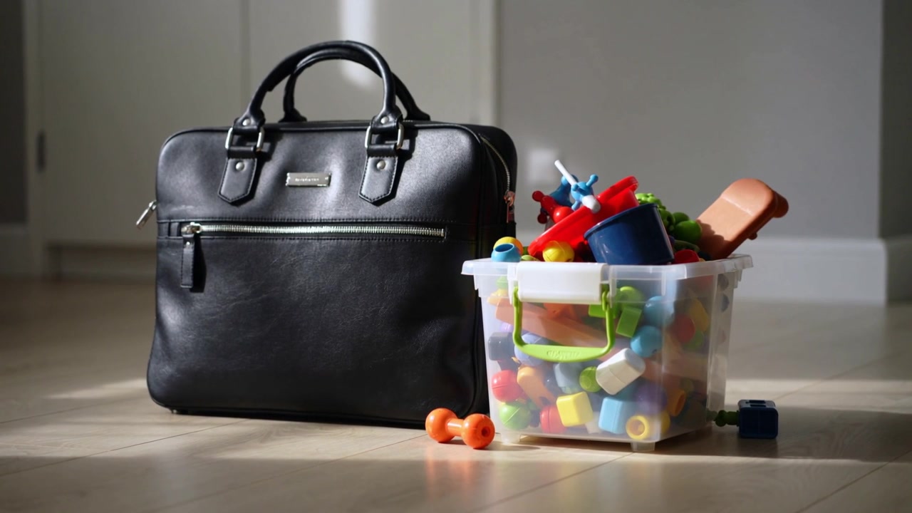 Sitting briefcase and toy bin occupying floor-level hallway, triggered by paused play session