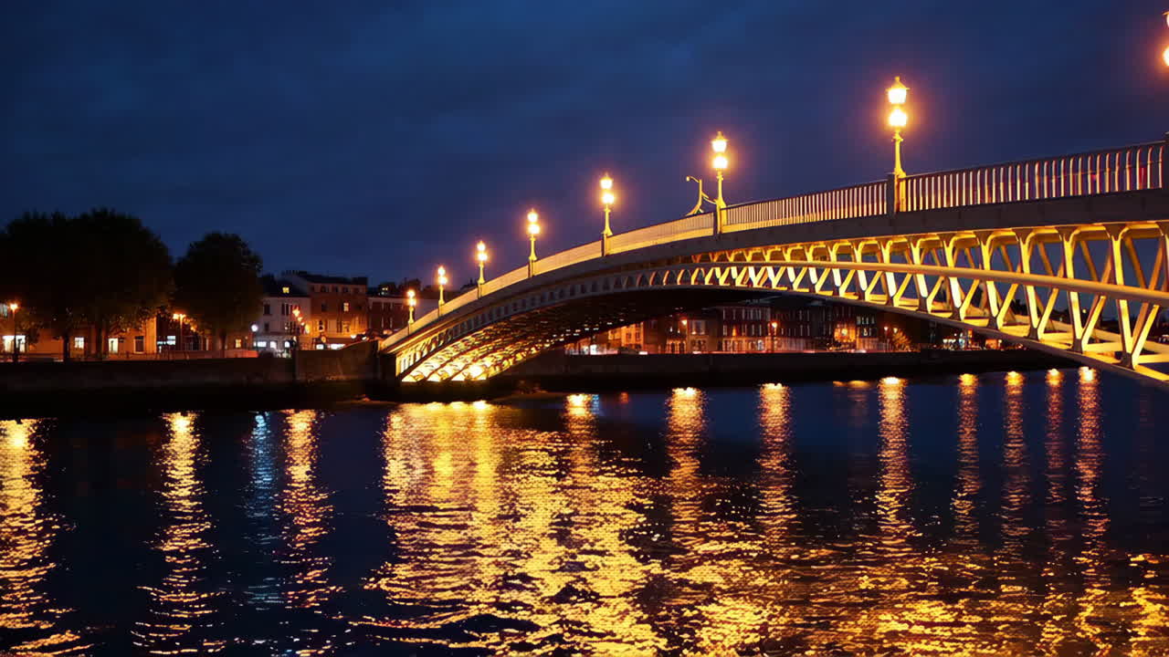 Illuminated Bridge Over Water at Night