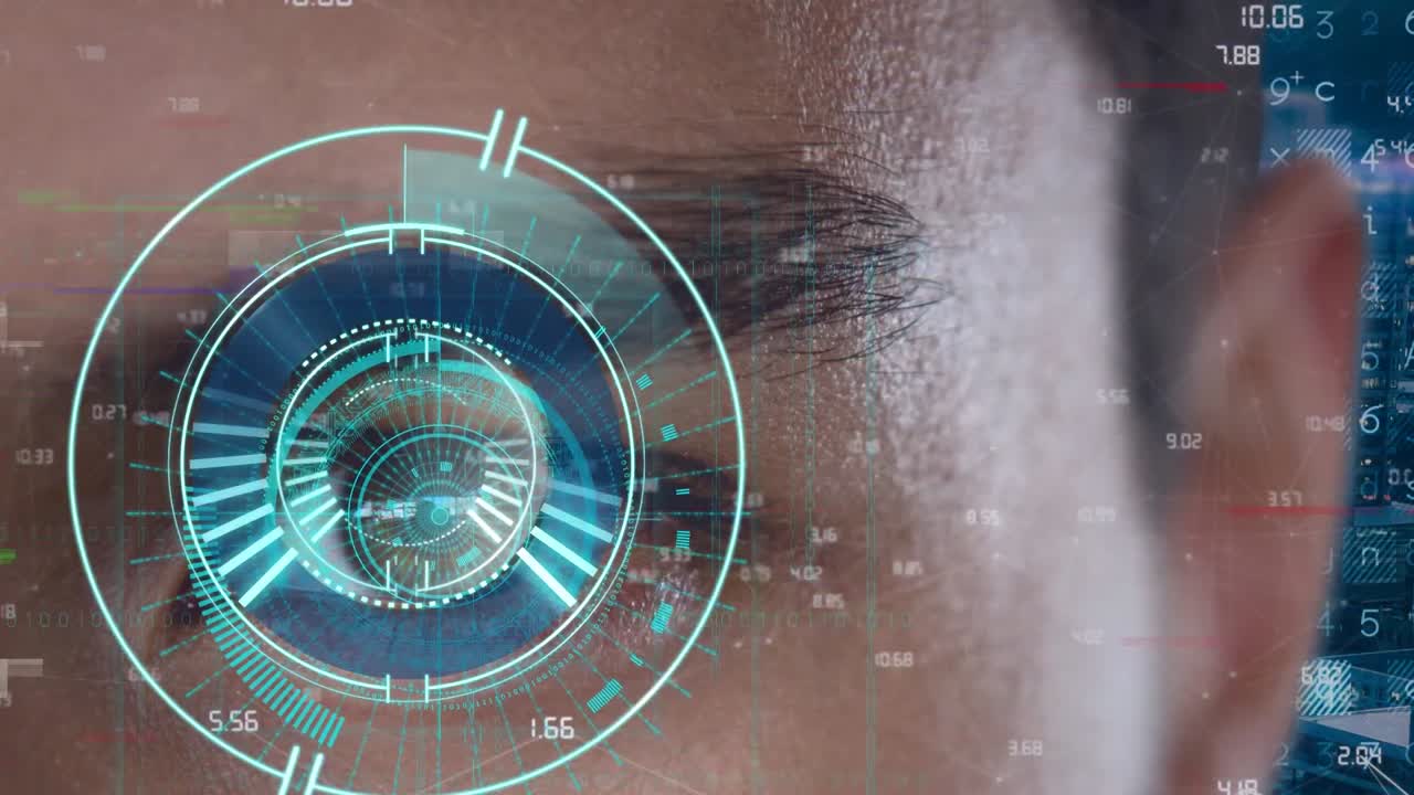 animación del círculo de procesamiento y los datos en la pantalla digital sobre el ojo del hombre caucásico
