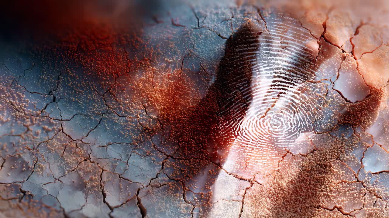 Intricate Patterns of a Fingerprint Intertwined with Textured Crackled Surface Reflecting Artistic Exploration of Identity and Individuality in Abstract Composition