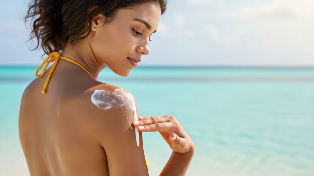 A Young Woman Applying Sunscreen on Her Shoulder While Enjoying a Beautiful Day at the Beach, Embracing the Sun and Sea in a Relaxing Summer Atmosphere