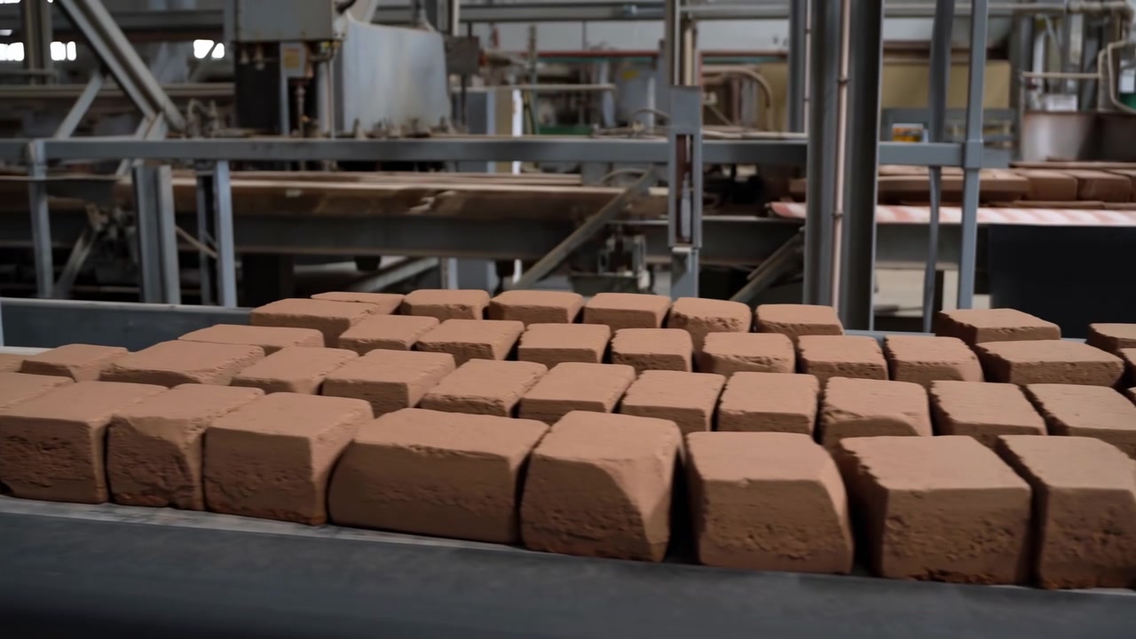 Rows of brown clay bricks move through industrial factory interior on conveyor surfaces, seen from low front angle with metal framework, pipes, machinery, rough texture, muted gray brown tones