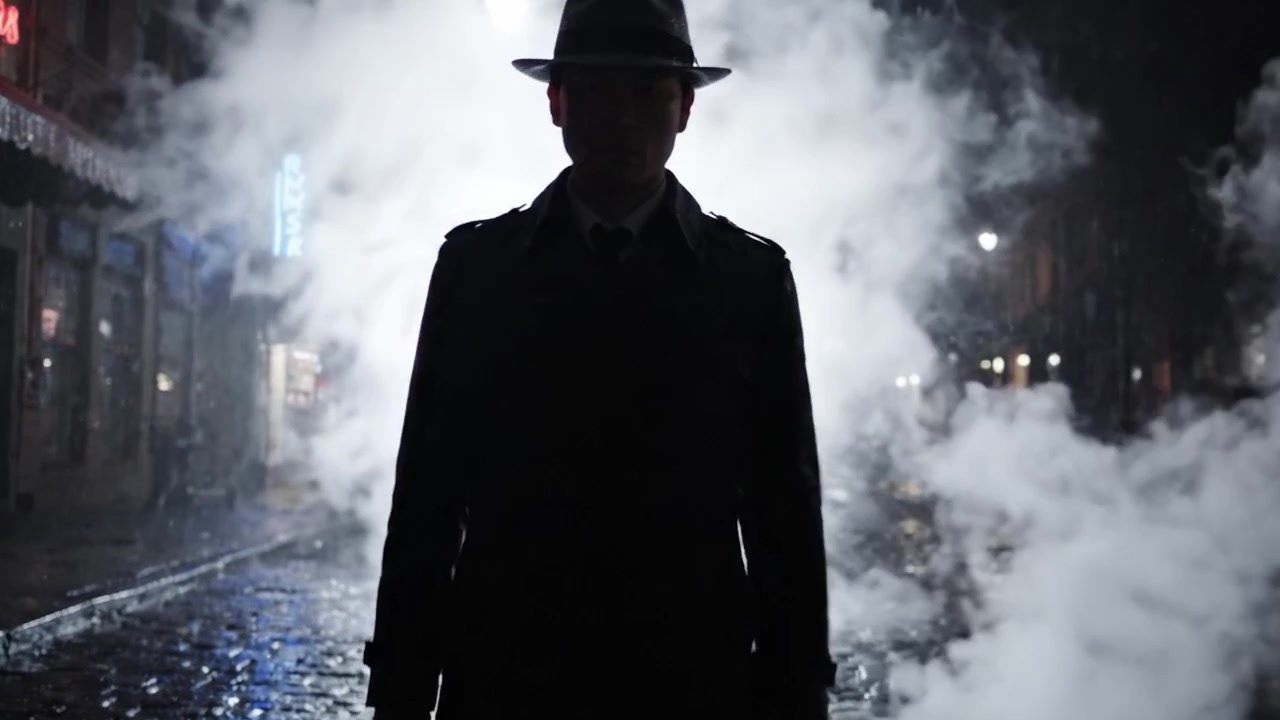 Figura Misteriosa en un Paisaje Urbano Lluvioso: Un Detective Sombrío Iluminado por Luces de Neón y Rodeado de Niebla en una Escena Callejera Nocturna Brillante