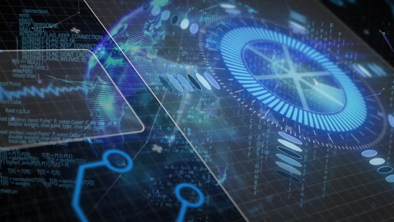 둥근 스캐너와 인터페이스의 애니메이션 및 플렉서스 네트워크의 글로브에 대한 데이터 처리