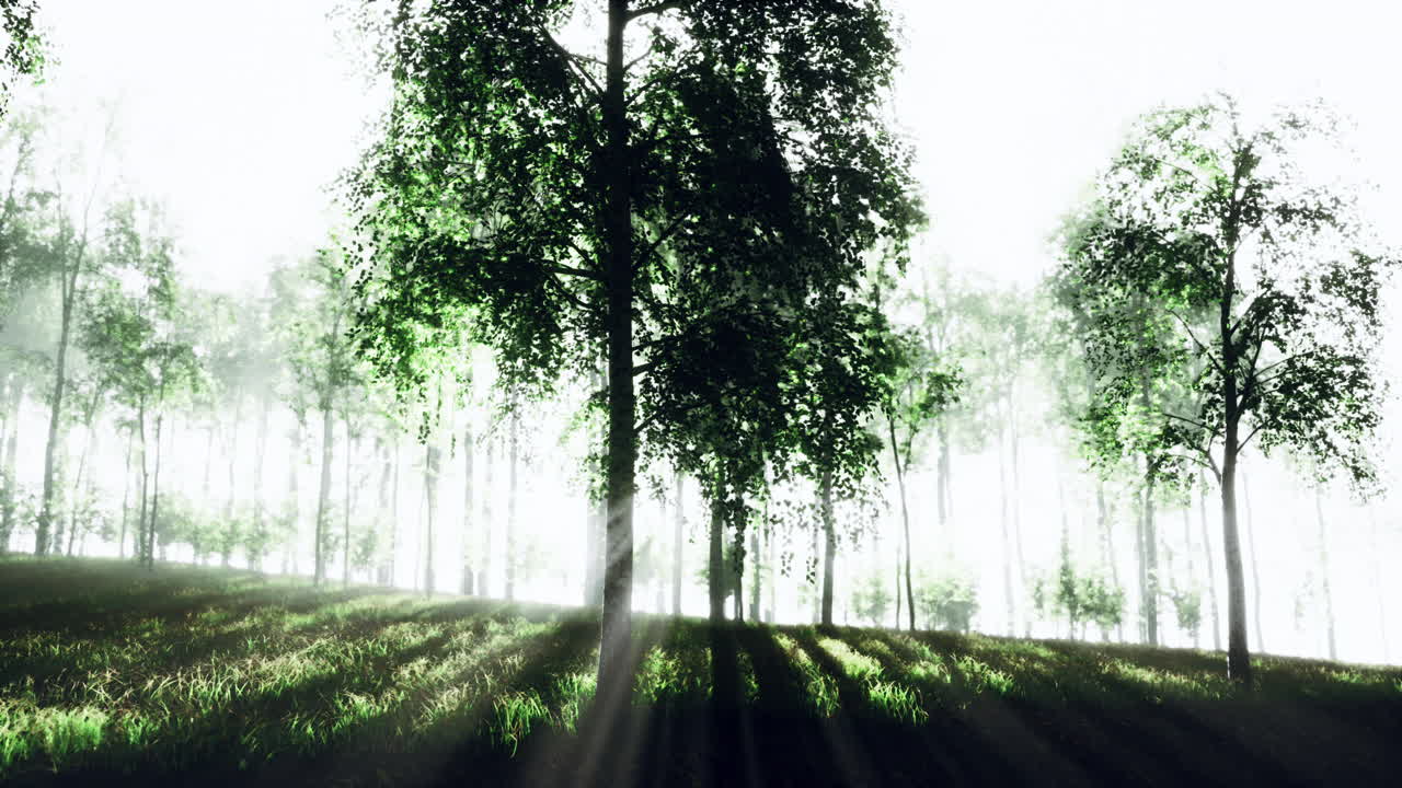 빛이 나무를 통해 흐르는 안개 숲