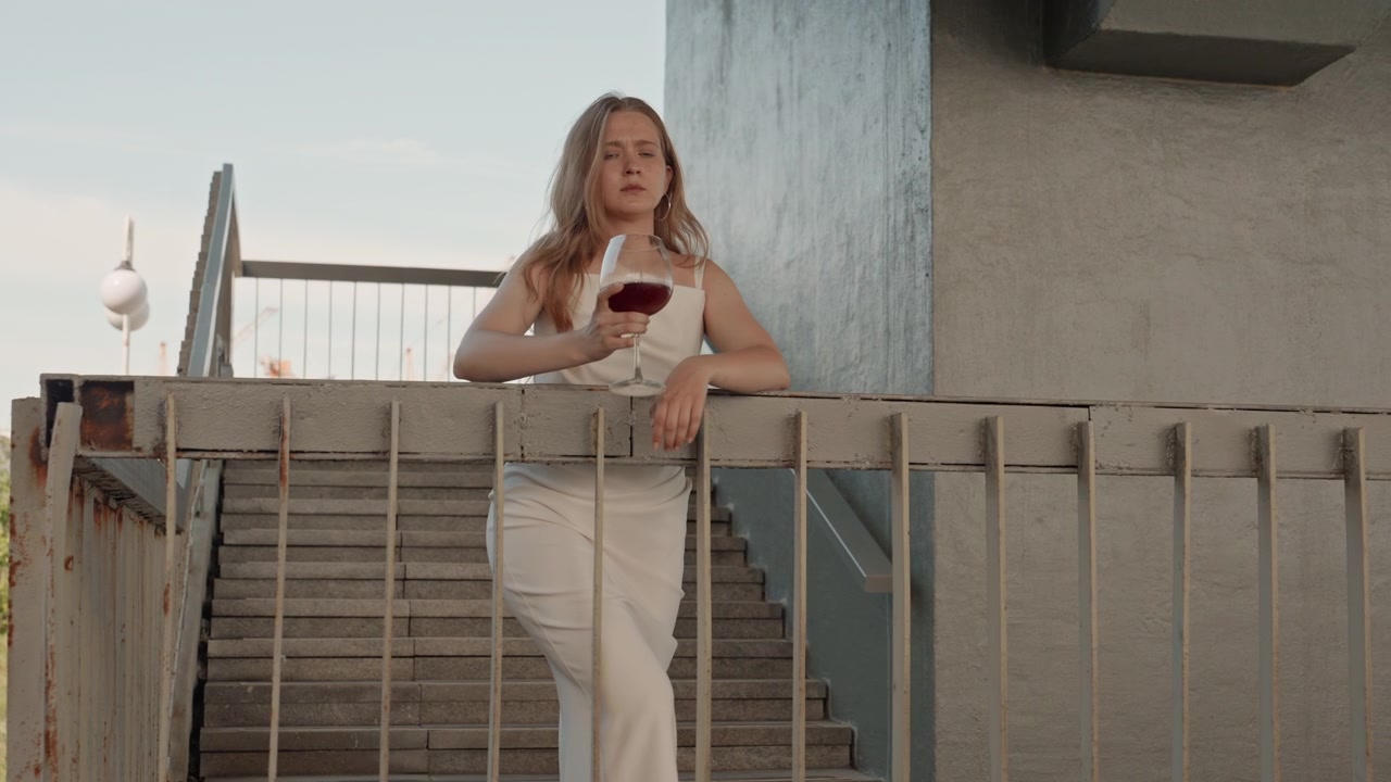 Una donna in abito bianco sta in piedi su delle scale esterne, tenendo e bevendo da un bicchiere di vino rosso. La scena presenta un'architettura in cemento con ringhiere metalliche e vegetazione visibile oltre la struttura.