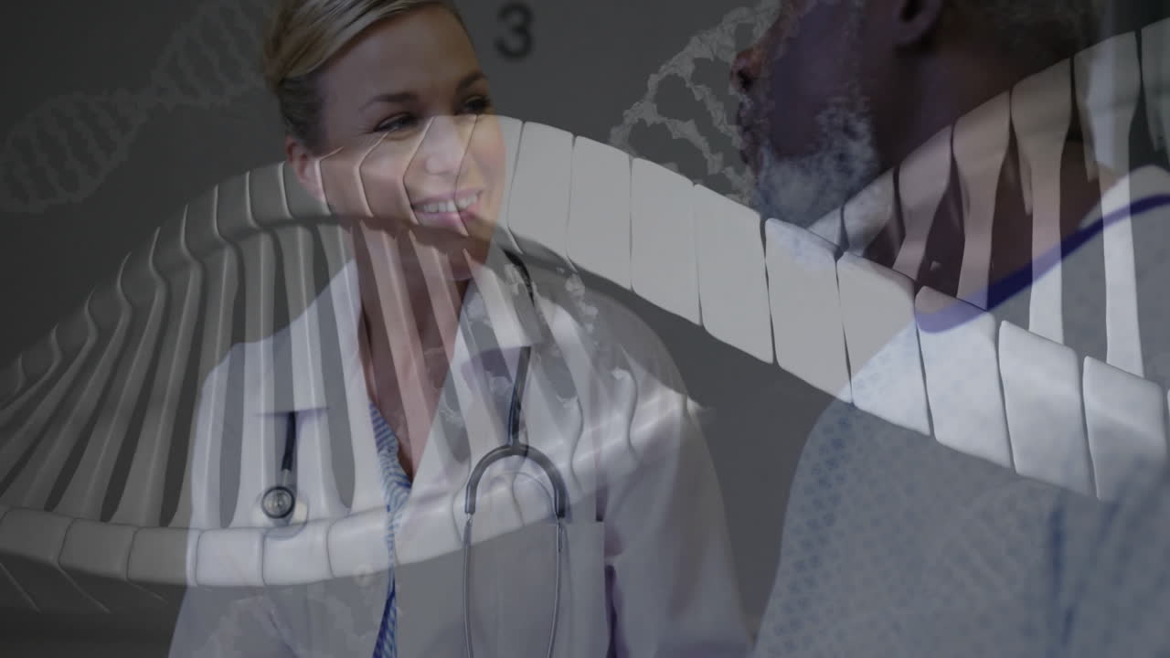 Female doctor guiding male patient during medical consultation showing floating DNA helix animation