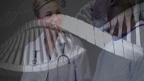 female doctor guiding male patient during medical consultation showing floating dna helix animation