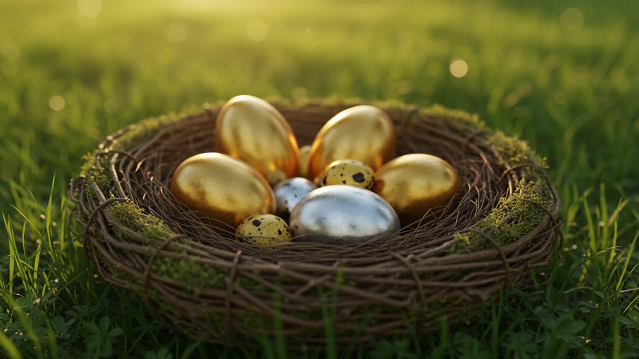 A Breathtaking Close-up of a Decorative Nest Filled with Gleaming Golden and Silver Eggs, Nestled on a Lush Green Meadow Under Bright, Warm Sunlight