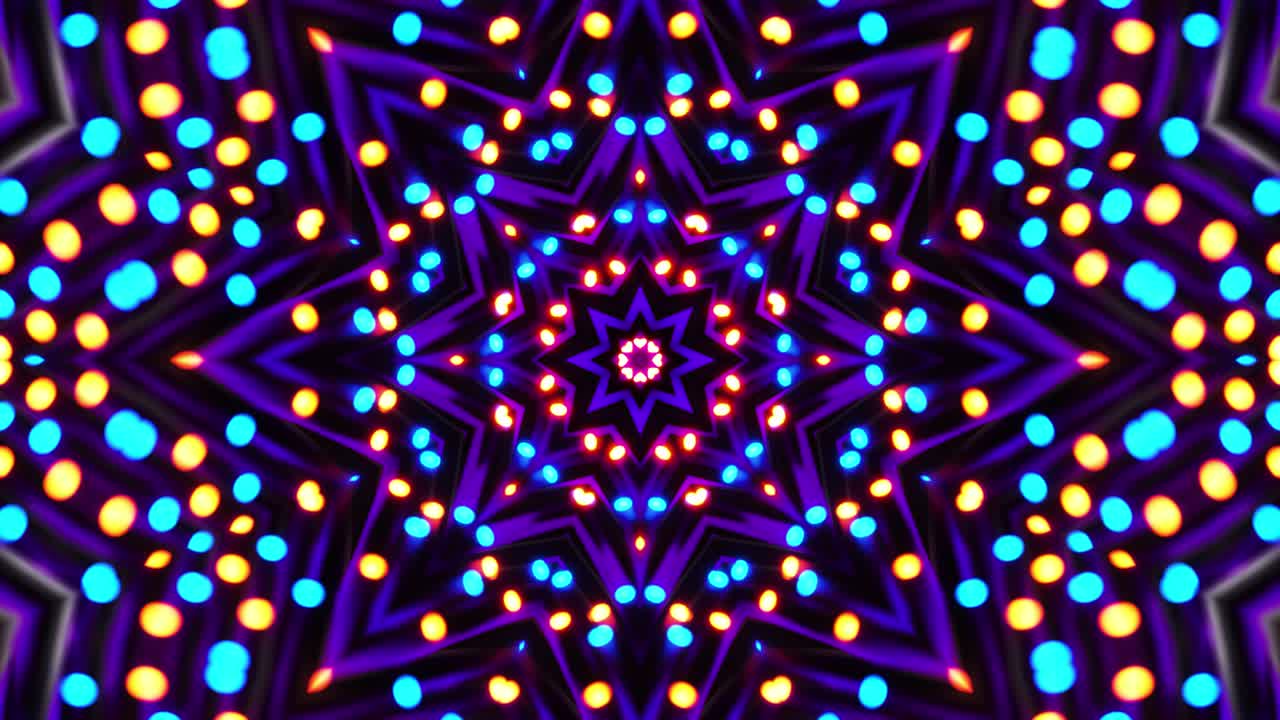 Very colorful and bright pattern with many lights on it. Kaleidoscope VJ loop