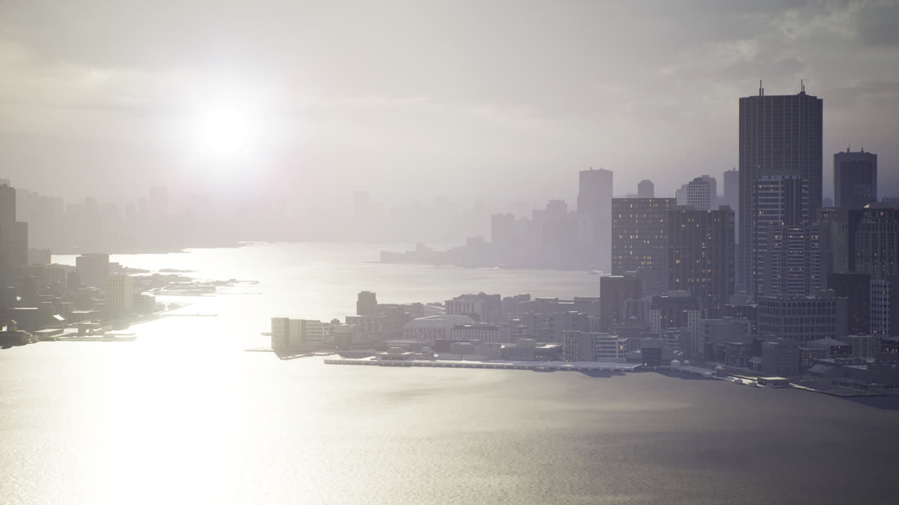 Silhouettes of a bustling city beneath a radiant sunrise along the waterfront