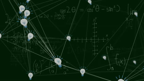 animation of network of connections with icons over mathematical equations on black background