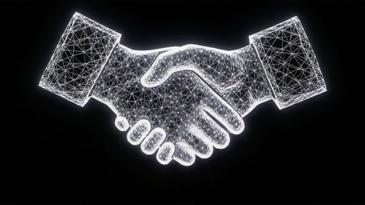 A Futuristic Representation of Cooperation Through a Wired Handshake Symbolizing Trust and Partnership in a Digital Age, Infused with Technology and Connectivity
