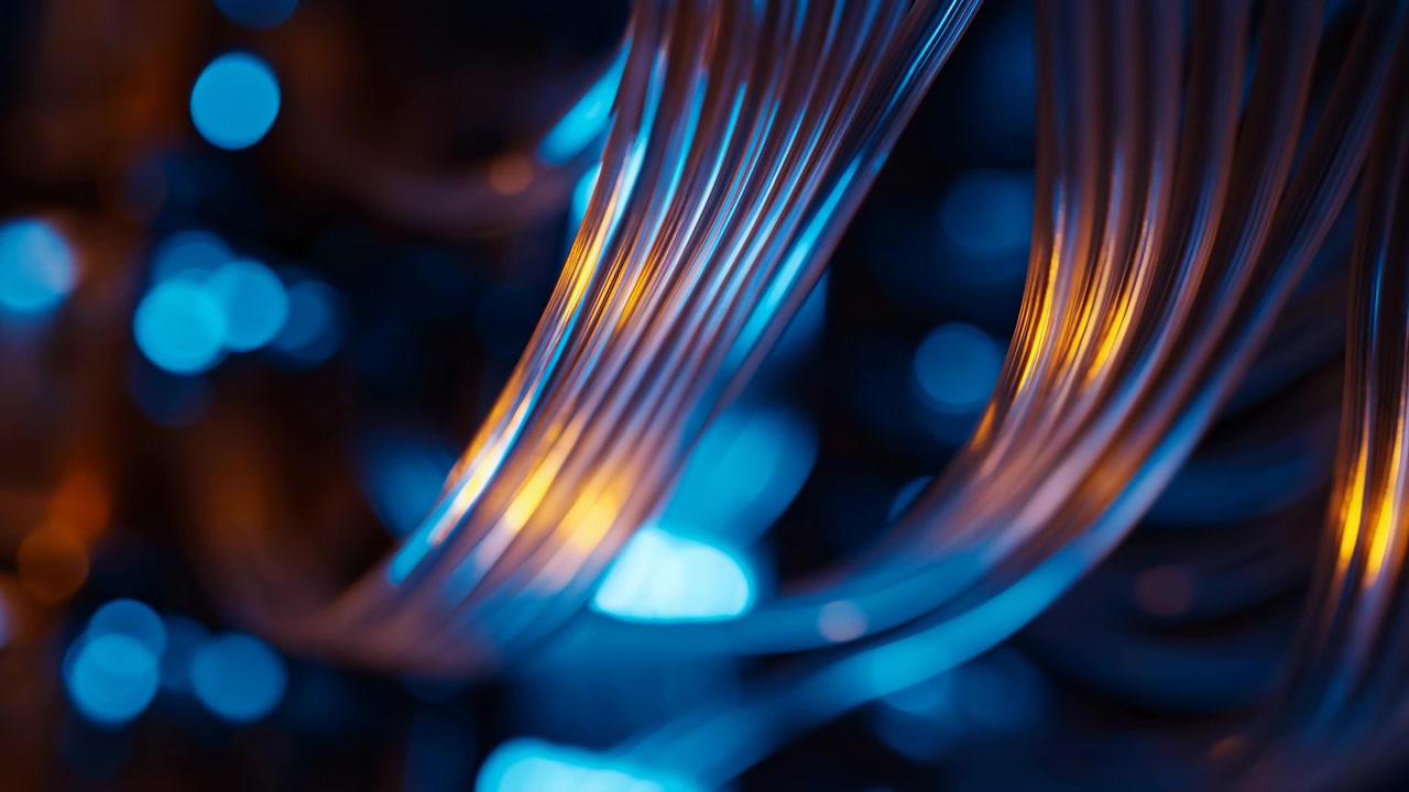 Close-up of bundled network cables curving through a dim equipment space, lit by blue and warm orange highlights with soft background blur and a shallow depth