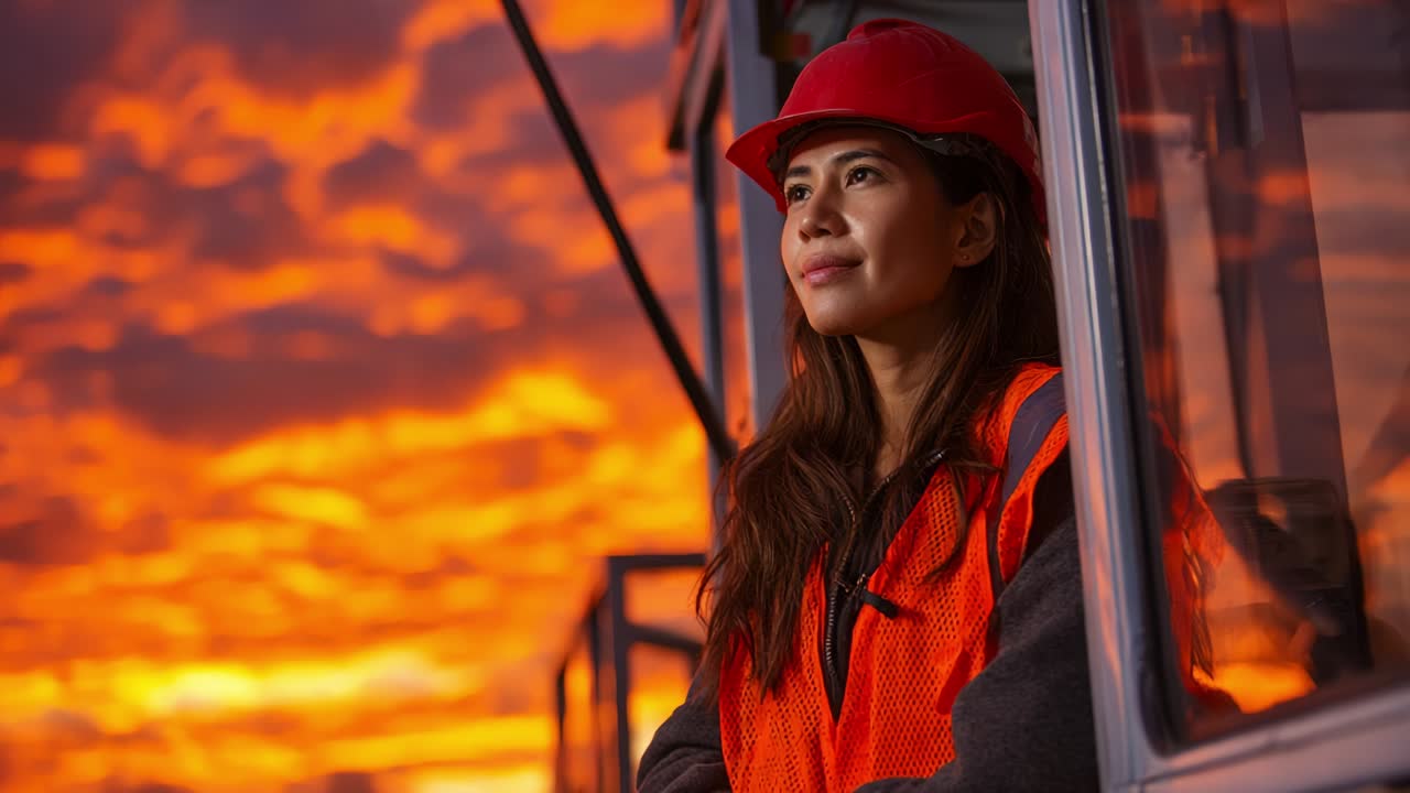 A diligent worker in a safety vest and hard hat gazes thoughtfully into the distance as the vibrant sunset paints the sky in stunning orange and red hues, highlighting determination and resilience in challenging environments