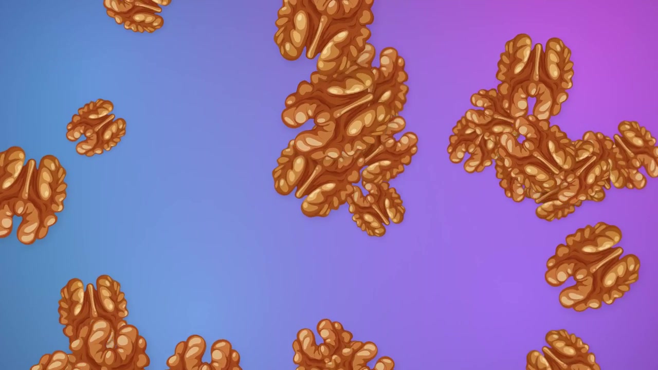 Mezzi gherigli di noce fluttuano e ruotano su uno sfondo sfumato a rete vibrante blu e viola