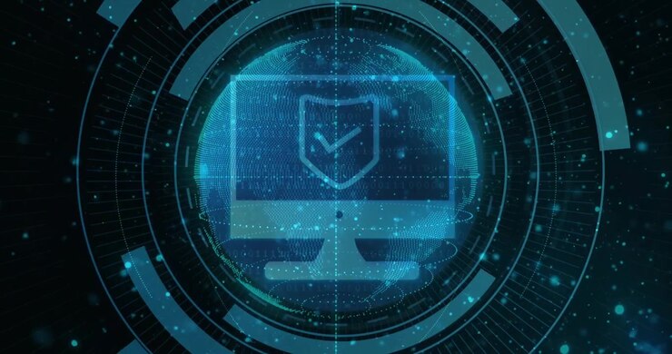 Digital Globe with Cybersecurity Shield Icon and Data Network