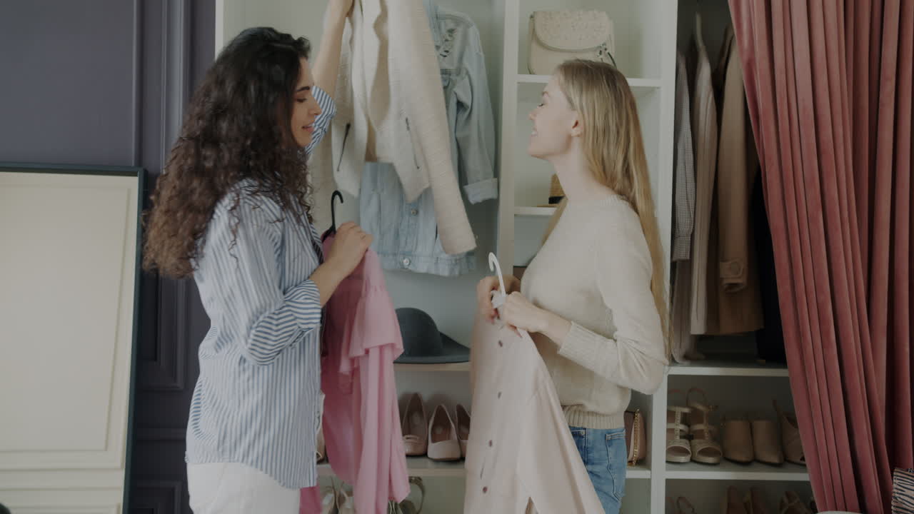 Two women friends shopping and choosing clothes in a wardrobe