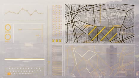 animation of interface with data processing against aerial view of cityscape