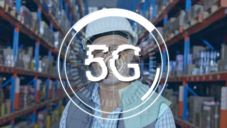 5g text over round scanner against portrait of caucasian male supervisor smiling at warehouse