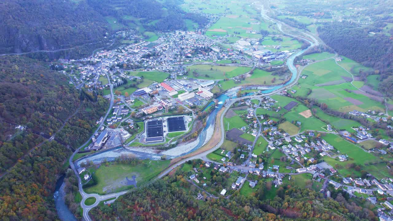 Aerial view of Soulom hydro plant in lush Pyrenees, France