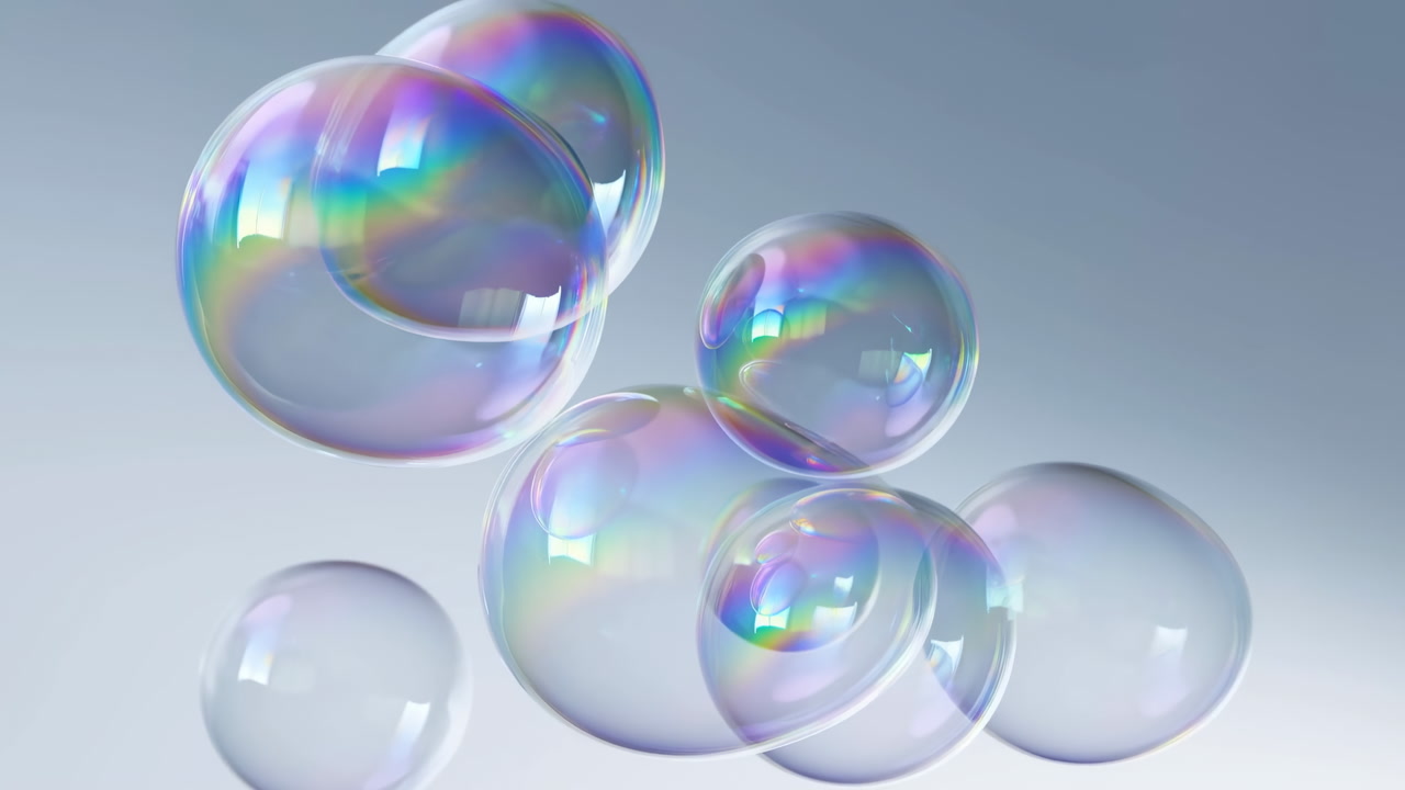 Floating Iridescent Soap Bubbles, Soft Gray Backdrop With Gentle Motion, Delicate Reflections And Rainbow