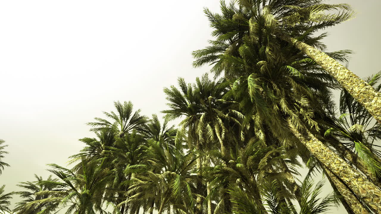 Palm trees sway under a bright sky in a tropical landscape