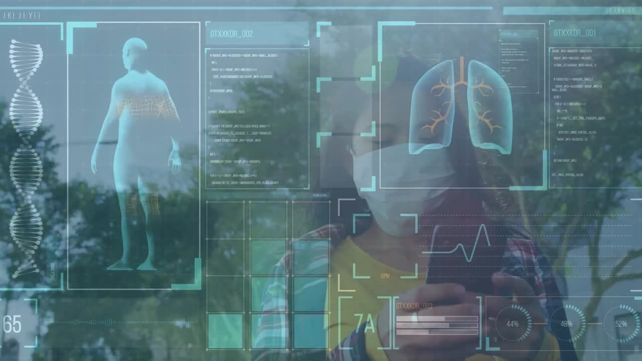Animation of human body data and statistics over Asian woman wearing mask outside