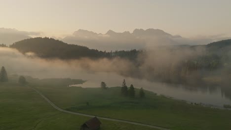 Beauty-of-early-morning-fog-in-Germany,-aerial-drone-view