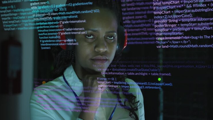 Animation of data processing over african american female it engineer and computer servers