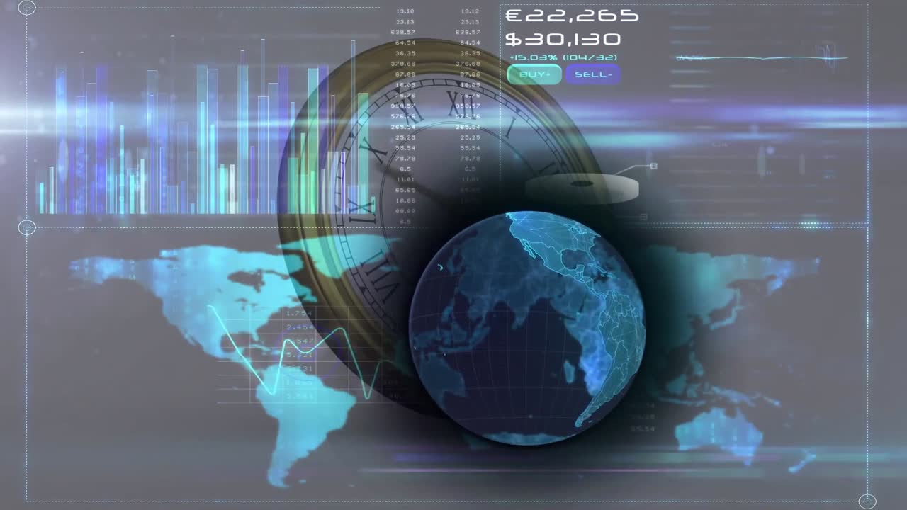 animación del globo y procesamiento de datos durante el reloj y red global de conexiones en el mapa del mundo