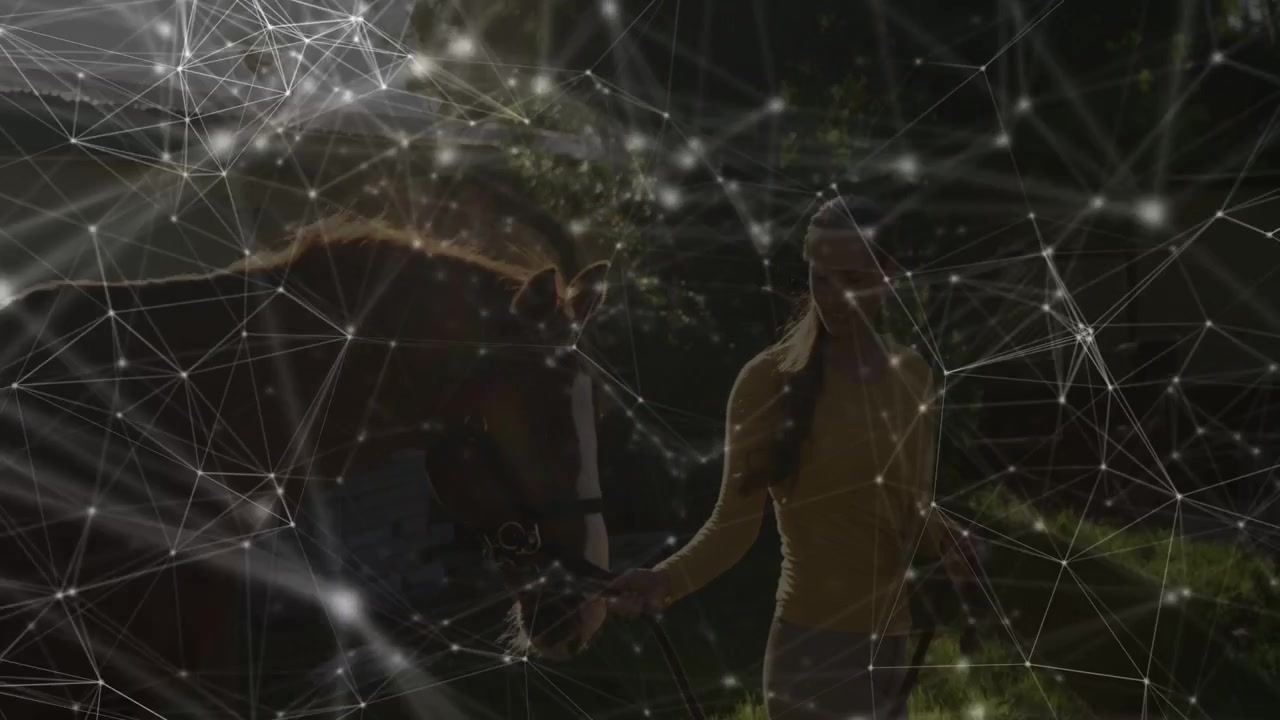 Woman reaching for lead rope, guiding bay horse along grassy path behind mesh overlay for care