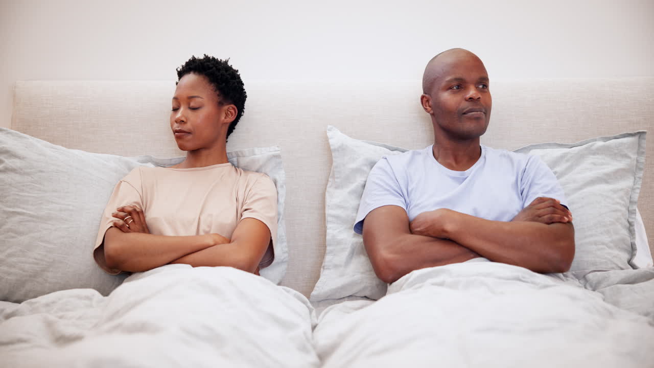 Black couple, fight and ignore in bedroom