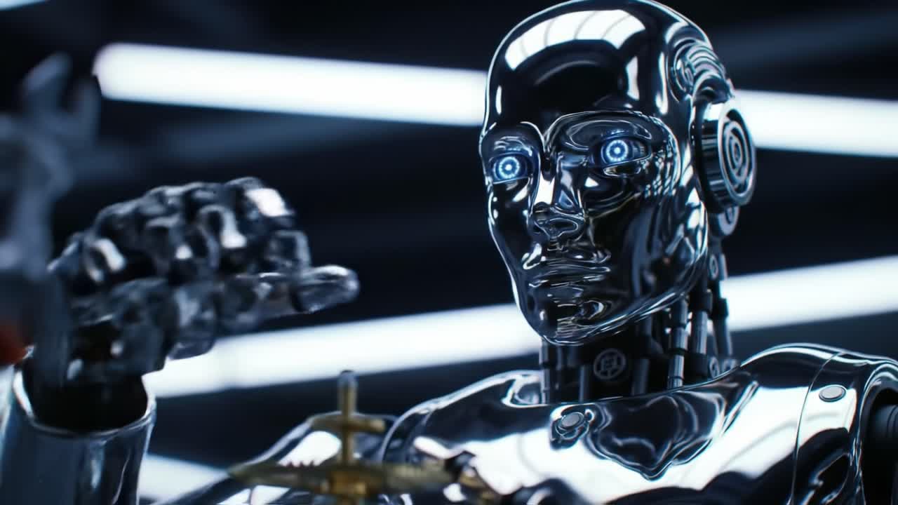 A Glimpse into a Futuristic World: An Intricate Metallic Robot with Luminous Eyes and a Complex Geometric Object Captivates with Precision and Innovation