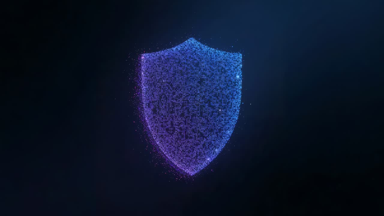 Coalescing particles forming shield at center on navy background, creating magenta-cyan rim halo