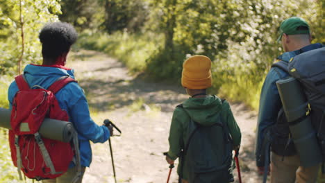 diverse family hiking together in forest